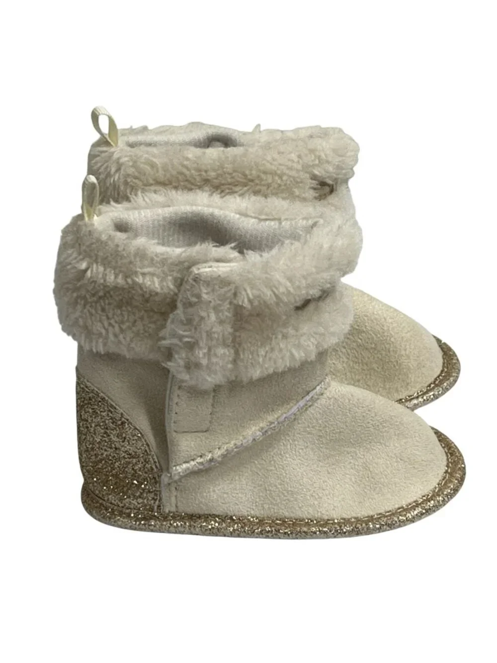 Bebe Baby Girls Boots Size 2 Cream Faux Suede Faux Fur Gold Winter Booties